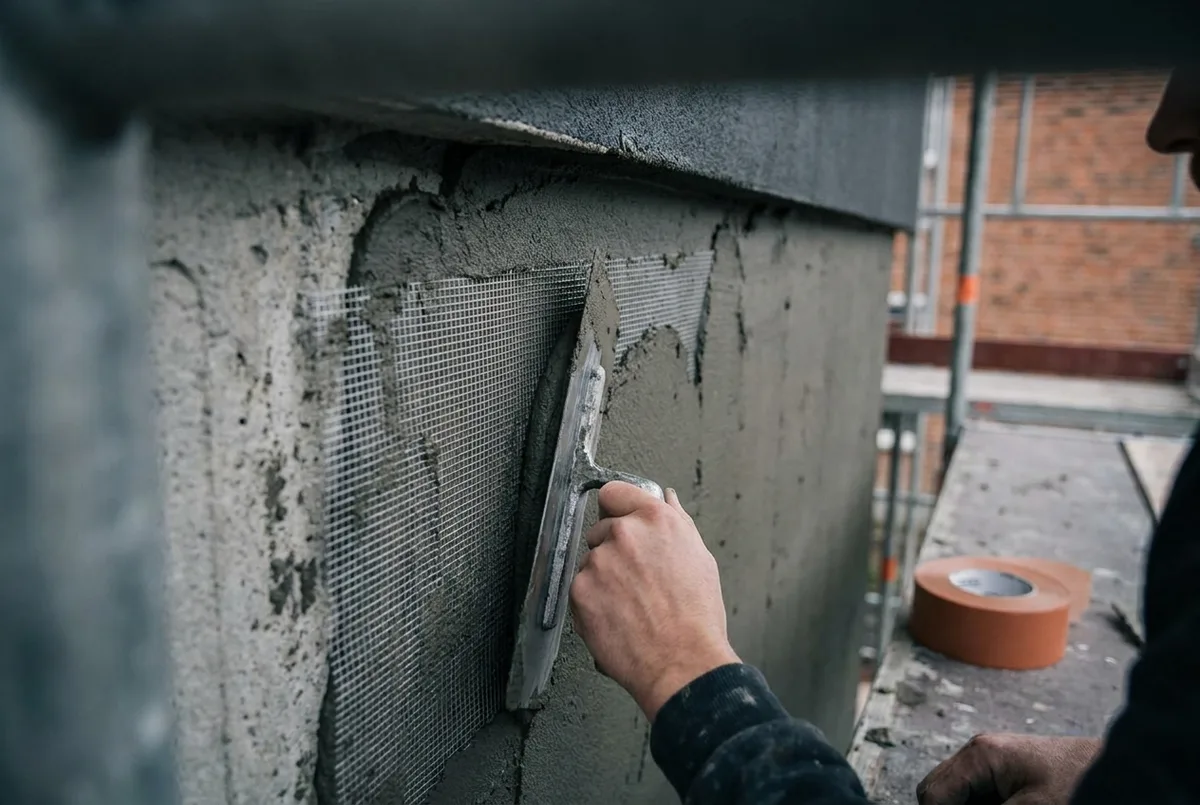 Facade med netpuds, hvor armeringsnet er pudset ind i mørtlen