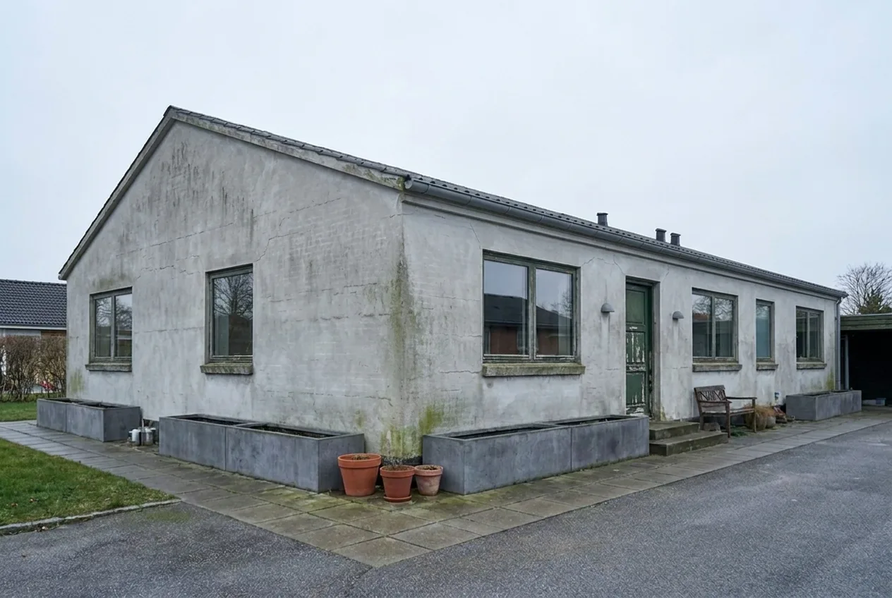 Facade før renovering — slidt og falmet puds med synlige skader
