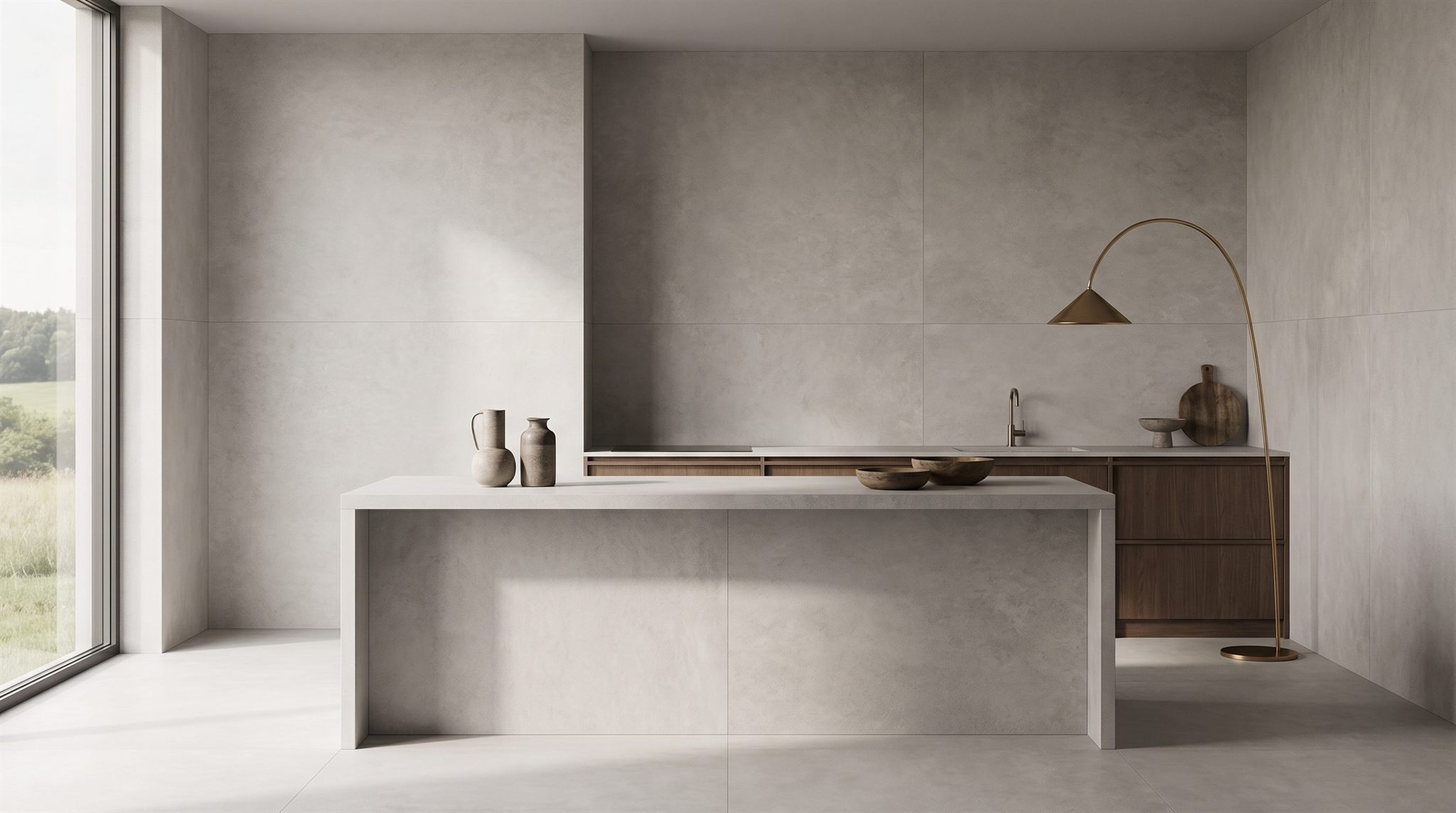 Beton-look — storformat porcelænsslabs i et dansk interiør