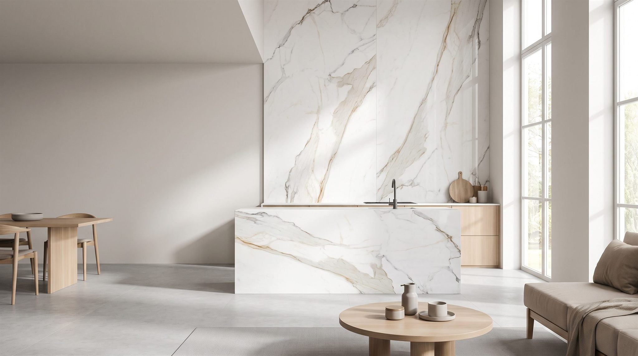 Hvid marmor — storformat porcelænsslabs i et dansk interiør