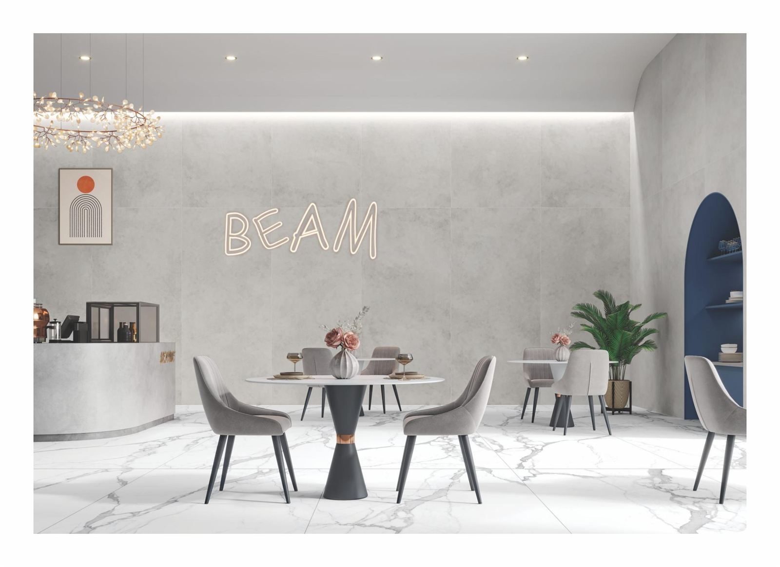 Moderne bygningsfacade beklædt med storformat-porcelænsslabs